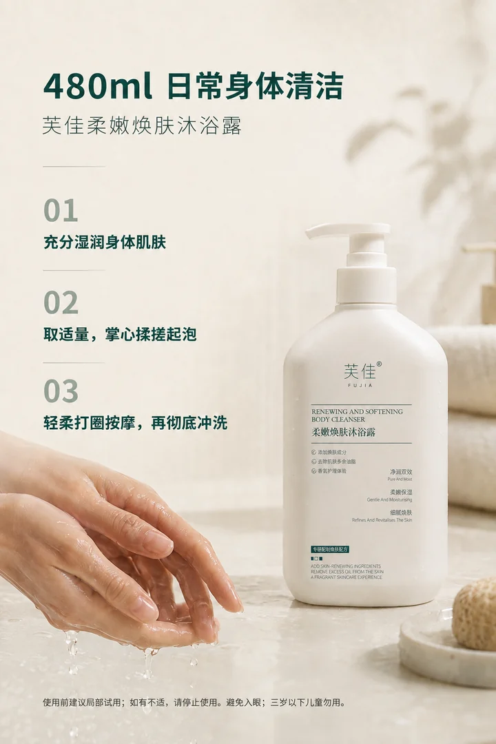 芙佳柔嫩焕肤沐浴露产品信息与使用方法图