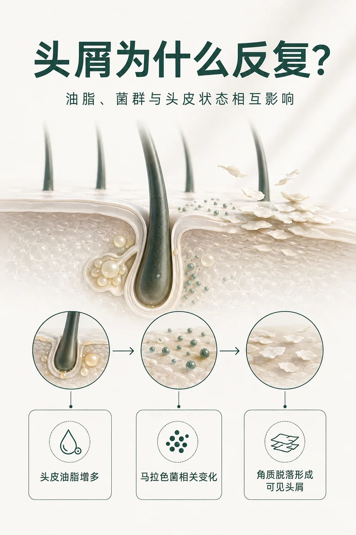 头皮油脂、菌群与角质脱落视觉说明图